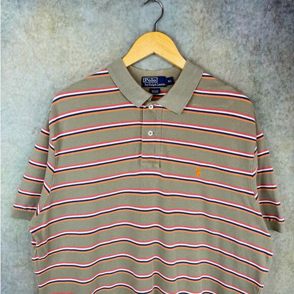 VTG 90s Polo Ralph Lauren Polo Shirt Mens Sz XL Striped Tan Colors Retro - Picture 2 of 8